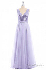 Lavender Sequin V-Neck Backless A-Line Long Dress