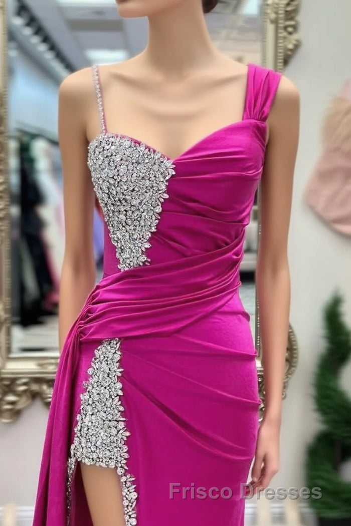 Asymmetrical Magenta Beaded Long Formal Prom Dress with Attached Train