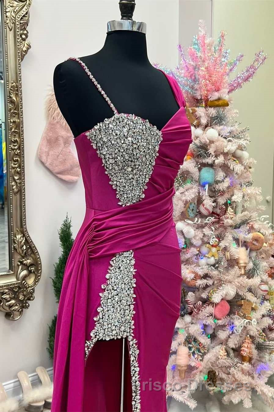 Asymmetrical Magenta Beaded Long Formal Prom Dress with Attached Train Secondary image