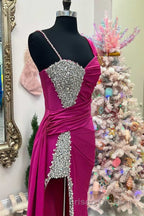 Asymmetrical Magenta Beaded Long Formal Prom Dress with Attached Train