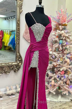 Asymmetrical Magenta Beaded Long Formal Prom Dress with Attached Train