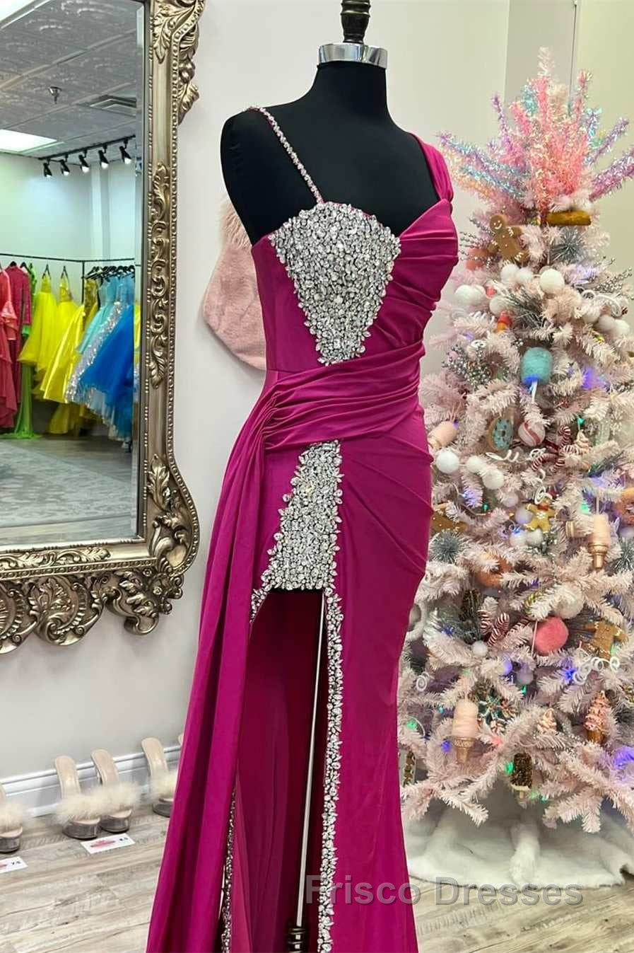 Asymmetrical Magenta Beaded Long Formal Prom Dress with Attached Train