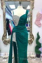 Asymmetrical Magenta Beaded Long Formal Prom Dress with Attached Train