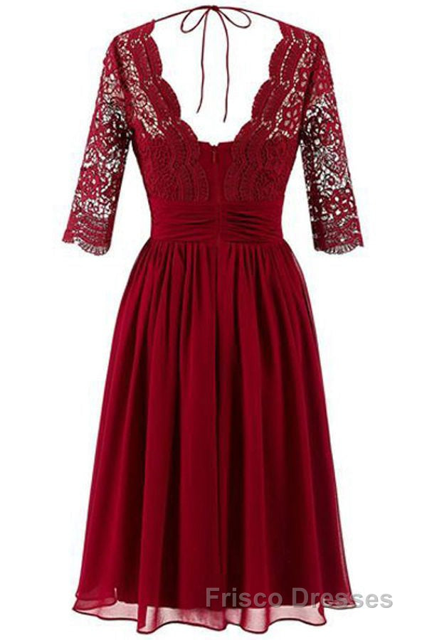 Burgundy A Line Knee Length V Neck 1/2 Sleeve Hollow Bridesmaid Dress