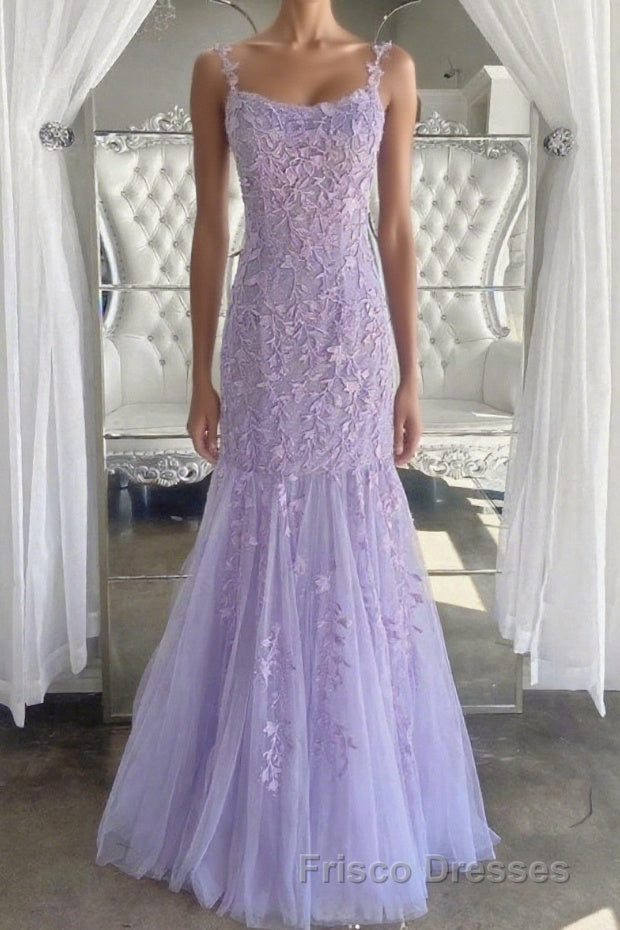 Lilac Spaghetti Straps Long Lace Tulle Evening Dress Mermaid Appliques Formal Prom Dress