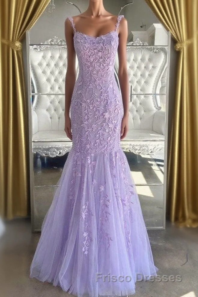Lilac Spaghetti Straps Long Lace Tulle Evening Dress Mermaid Appliques Formal Prom Dress