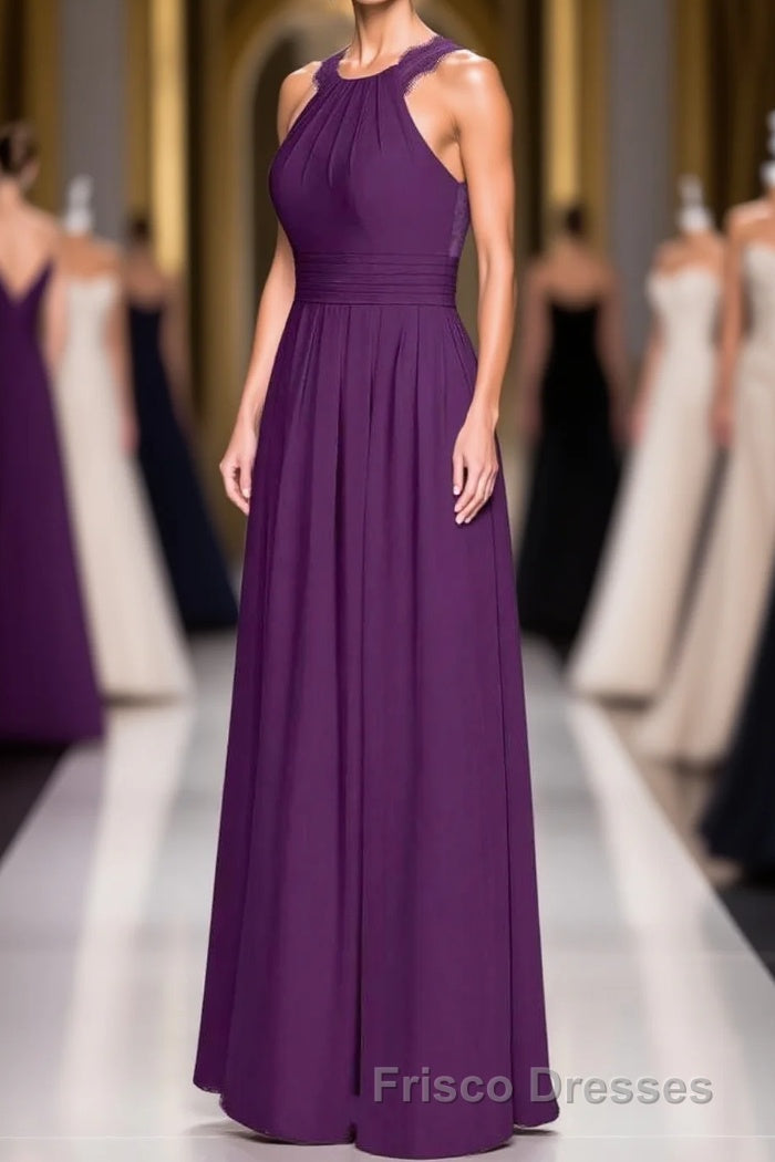 Magenta Chiffon Halter Cutout Back Long Bridesmaid Dress