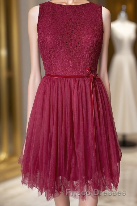 A-line Scoop Neck Tulle Lace Mini Bridesmaid Dress with Sash