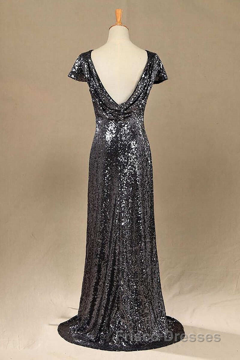 Black Sequin Cap Sleeve Backless Long Bridesmaid Dress Secondary image