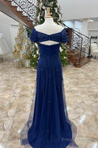 Dark Blue Off-Shoulder Floral A-line Long Mother of Brides Dress