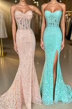 Mint Green Lace Strapless Mermaid  Long Formal Prom Dress with Slit