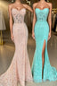 Mint Green Lace Strapless Mermaid  Long Formal Prom Dress with Slit