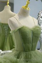 Princess Spaghetti Straps Green Tulle Long  Dress A line Tiered Formal Dress
