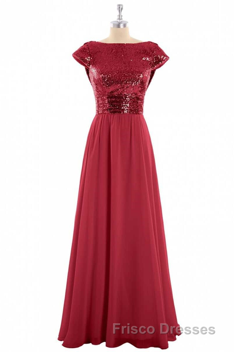 Burgundy Sequin Cap Sleeve Backless A-Line Bridesmaid Dress Secondary image
