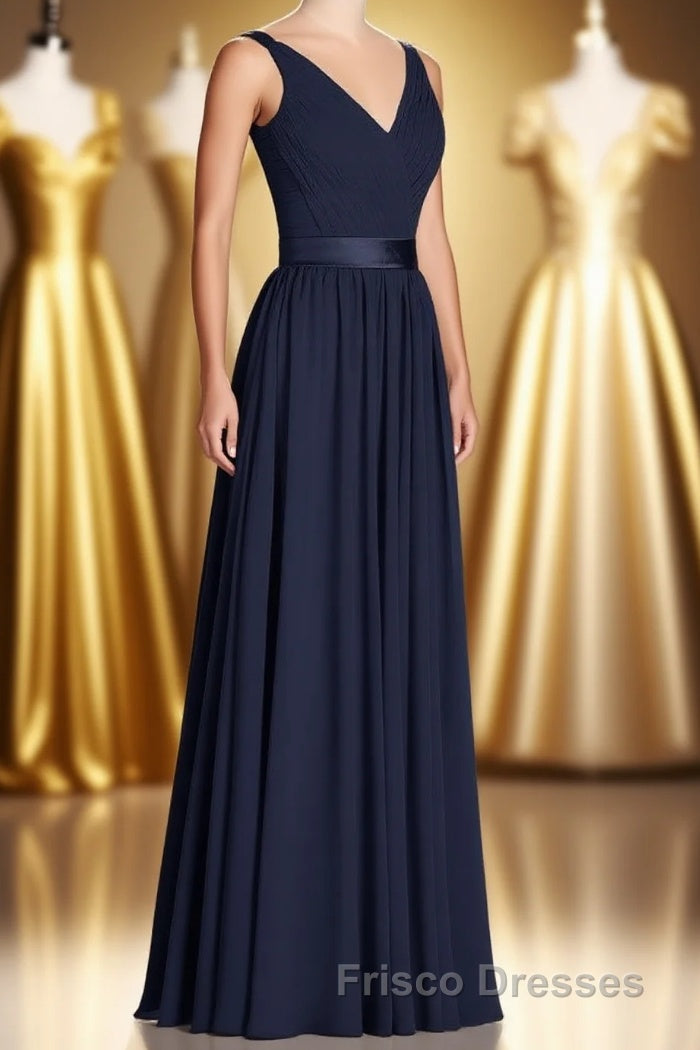 Navy Blue V-Neck Tie-Back A-Line Long Bridesmaid Dress Main image