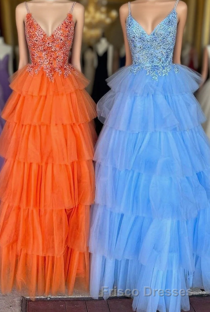 Multi-Tiered Lace Beaded V-Neck Long Formal Prom Dress Main image