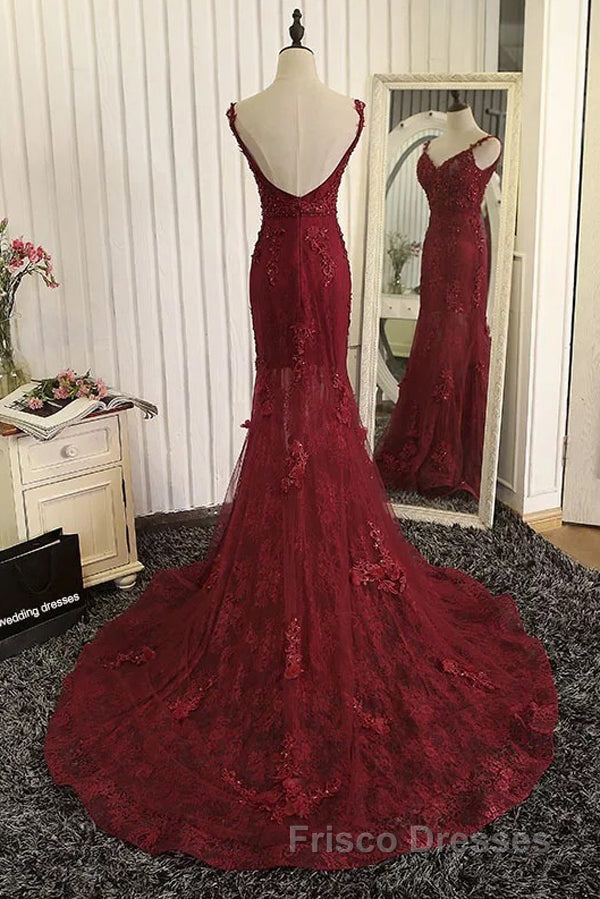 Burgundy Trumpet Sweep Train V Neck Mid Back Appliques Beading Long Formal Prom Dress Secondary image