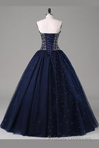 Navy Blue Ball Gown Floor Length Sweetheart Sleeveless Mid Back Formal Prom Dress