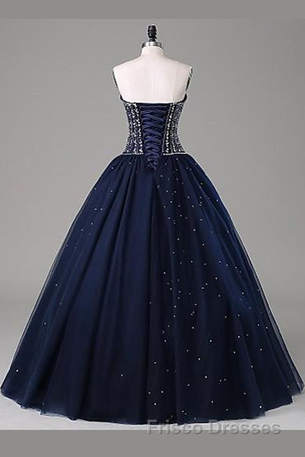 Navy Blue Ball Gown Floor Length Sweetheart Sleeveless Mid Back Formal Prom Dress