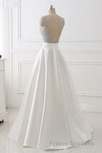 A Line Brush Train Deep V Neck Sleeveless Beading Formal Prom Dress