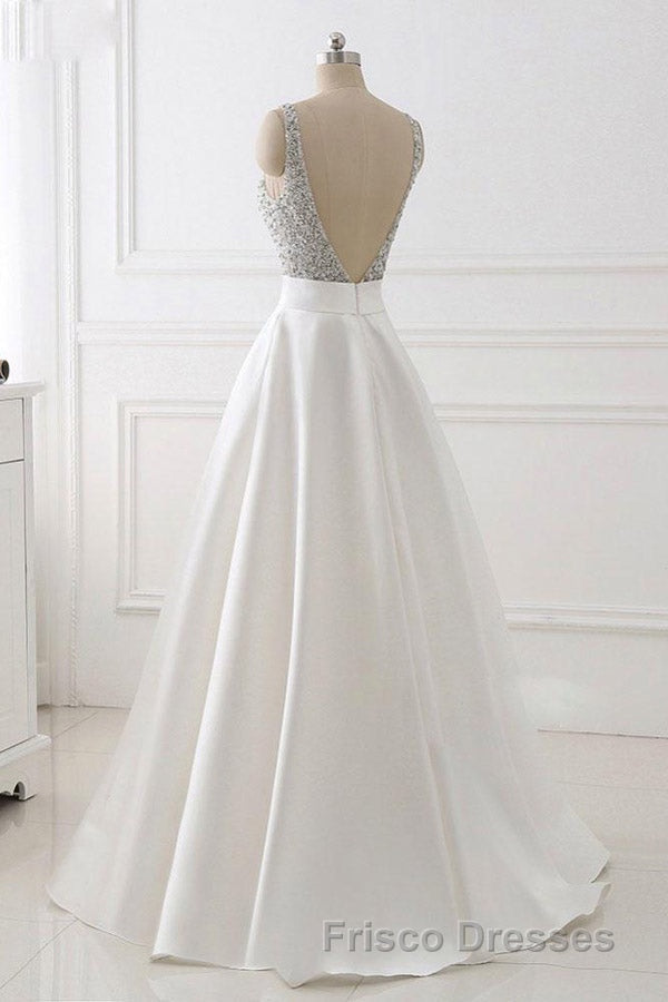 A Line Brush Train Deep V Neck Sleeveless Beading Formal Prom Dress