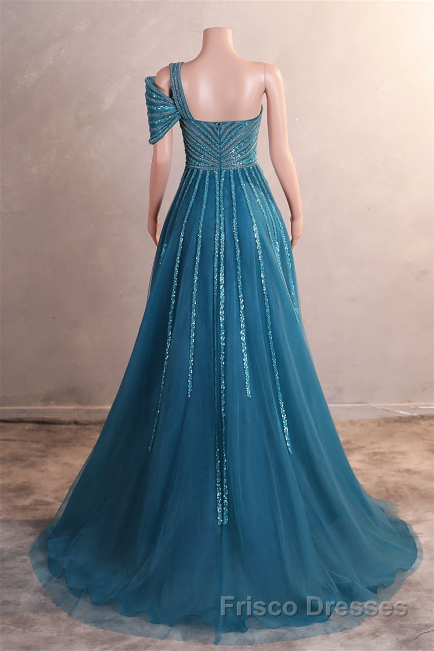 One-Shoulder Beading Sweep Train Backless Evening Dresses Secondary image