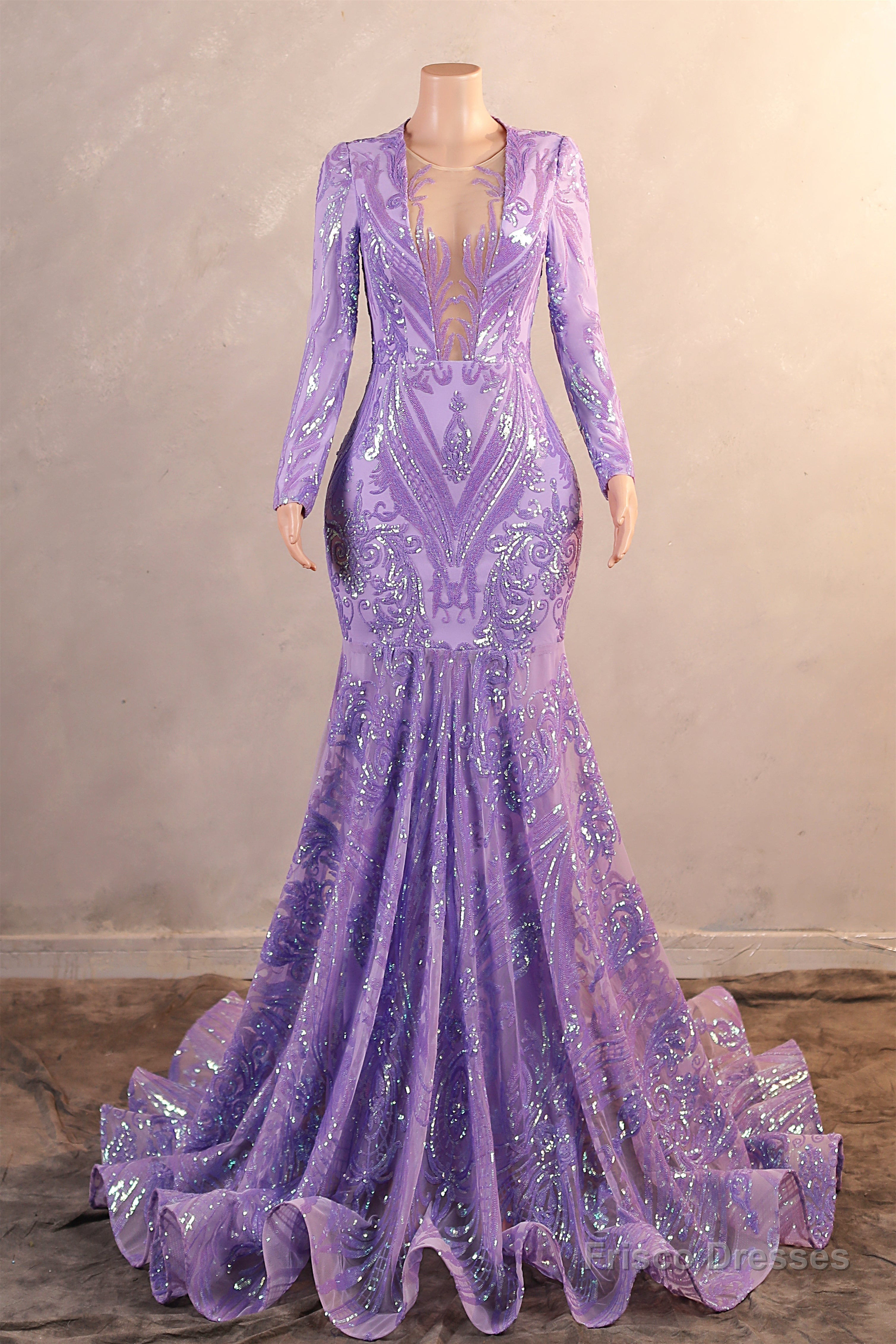 V-Neck Mermaid Sweep Train Sequins Zipper Long Sleeve Evening Dress Main image