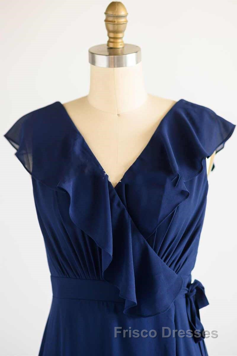Navy Blue Ruffled Tie-Side Long Bridesmaid Dress Secondary image