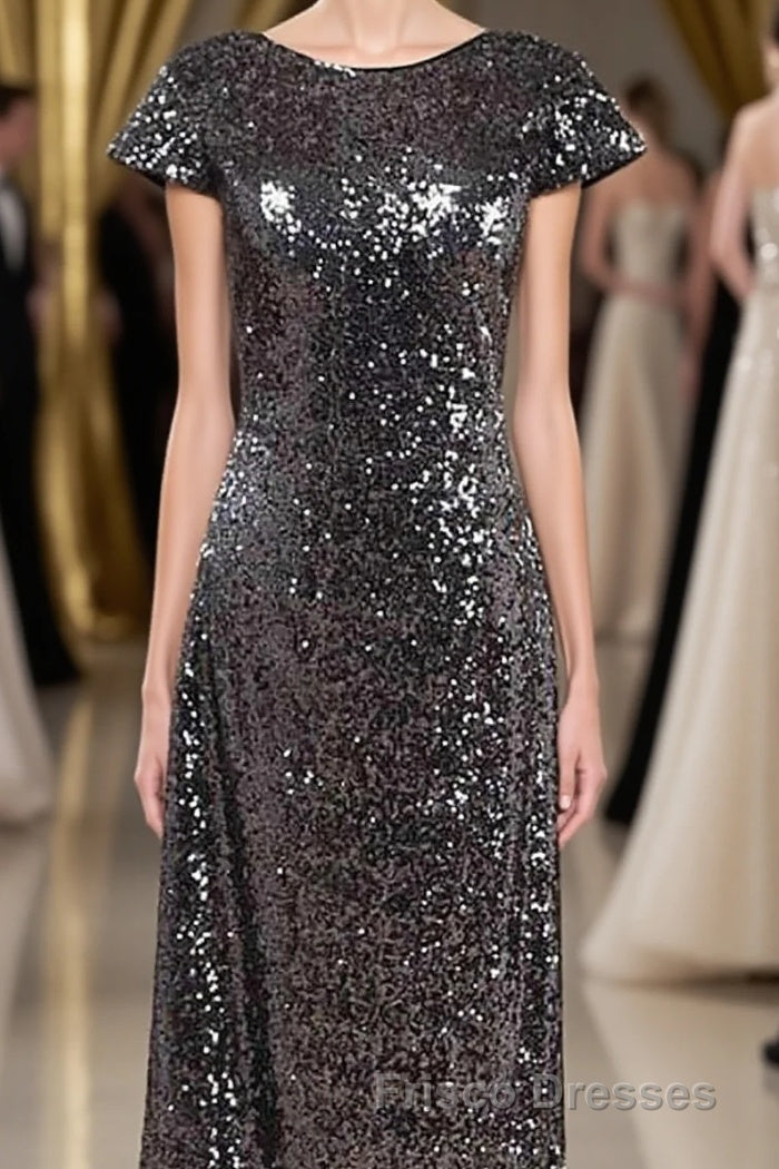 Black Sequin Cap Sleeve Backless Long Bridesmaid Dress Main image