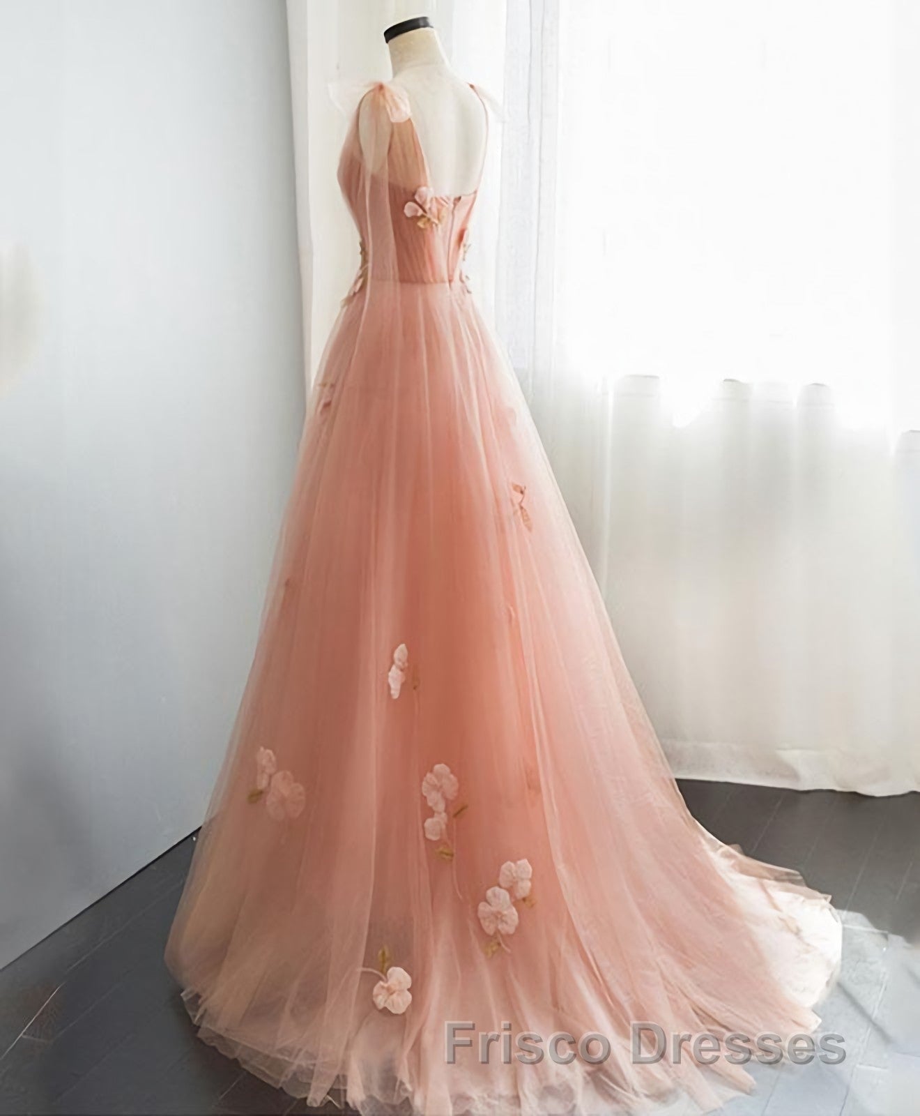 Pink V Neck Tulle Long Formal Prom Dress, Tulle Evening Dress Secondary image