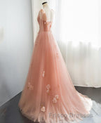 Pink V Neck Tulle Long Formal Prom Dress, Tulle Evening Dress