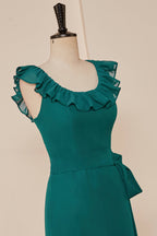 Teal Ruffled Neck A-line Long Bridesmaid Dresses with Sash