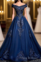 Blue Tulle Lace Off Shoulder Long Formal Prom Dress, Blue Tulle Lace Evening Dress