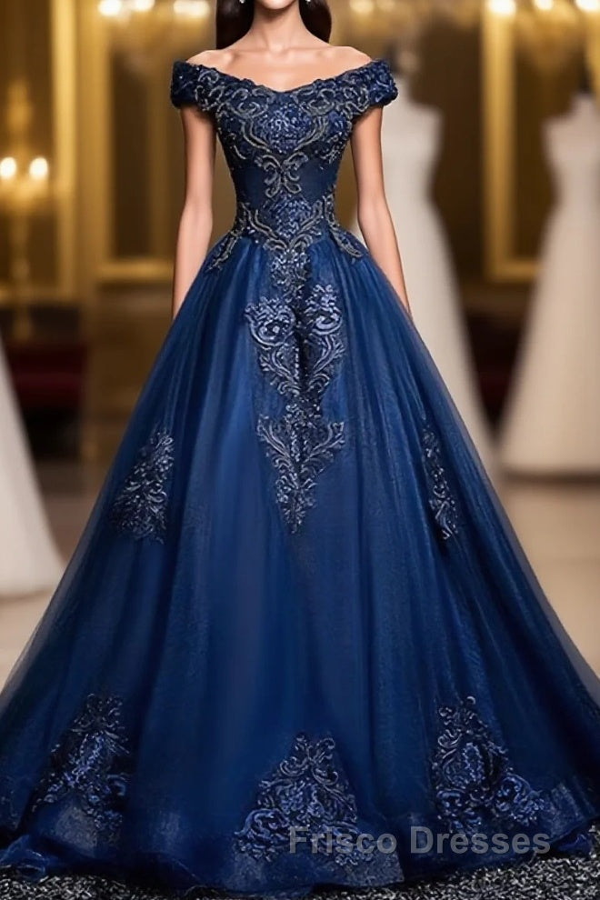 Blue Tulle Lace Off Shoulder Long Formal Prom Dress, Blue Tulle Lace Evening Dress