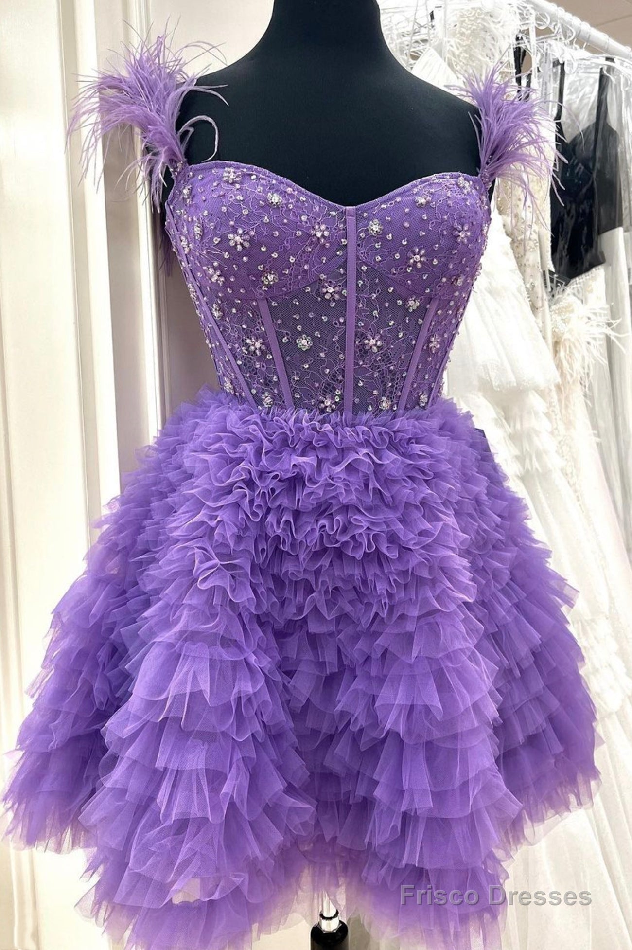 Purple Tulle Beaded Knee Length Prom Dress, A-Line Party Dress Main image
