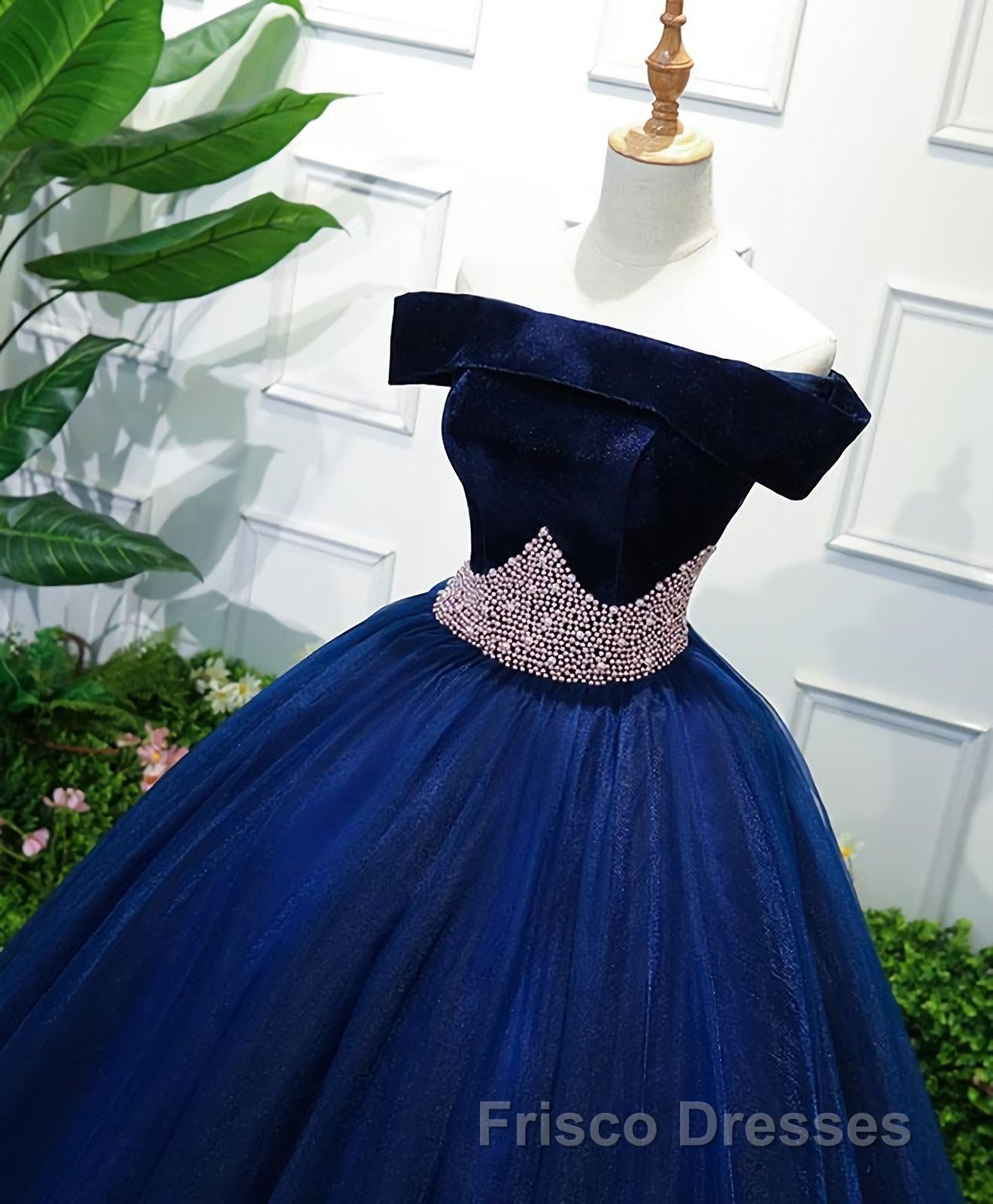 Dark Blue Tulle Off Shoulder Long Formal Prom Dress, Blue Sweet 16 Dress