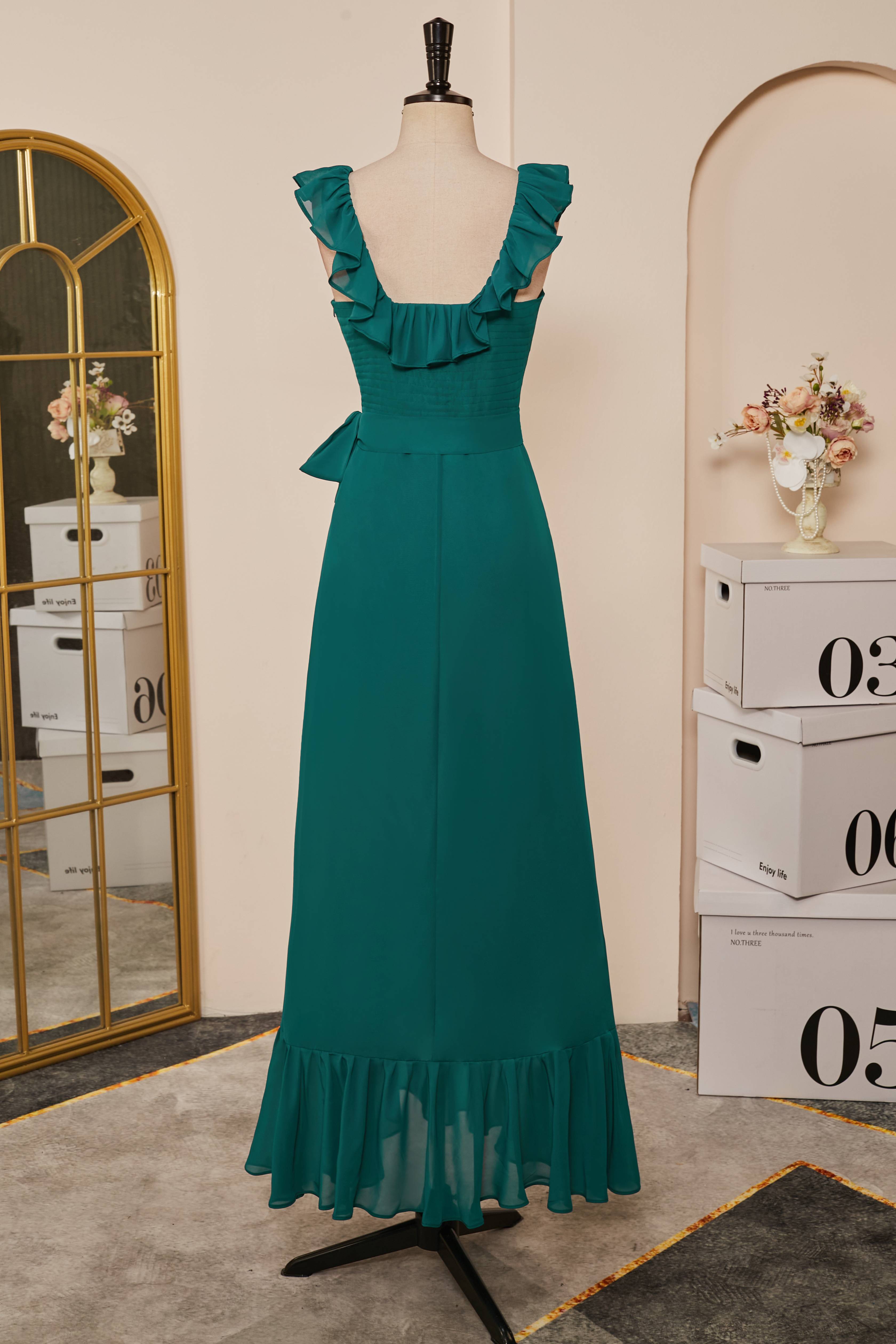 Teal Ruffled Neck A-line Long Bridesmaid Dresses with Sash Secondary image