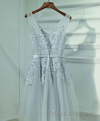 Gray A Line Lace Tulle Short Formal Prom Dress, Homecoming Dress