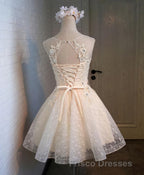 Champagne Lace Round Neck Short Formal Prom Dress, Bridesmaid Dress
