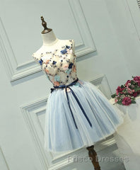 Gray Blue Tulle Short Formal Prom Dress, Tulle Homecoming Dress