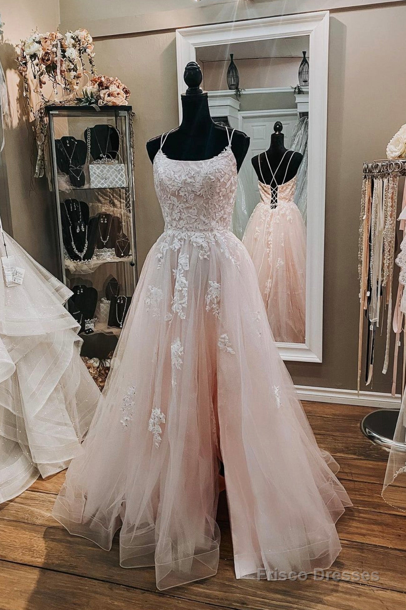 Pink Tulle Lace Long Formal Dresses, A-Line Evening Party Dresses Main image