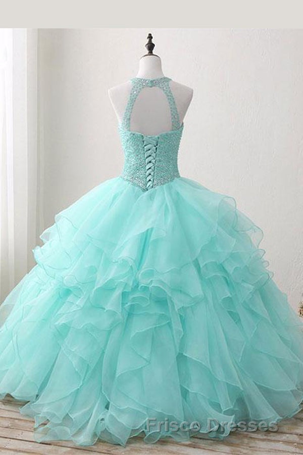 Mint Ball Gown Floor Length Halter Keyhole Back Beading Ruffles Formal Prom Dress Secondary image