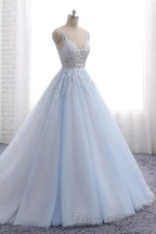 Ball Gown Chapel Train V Neck Sleeveless Backless Appliques Formal Prom Dress