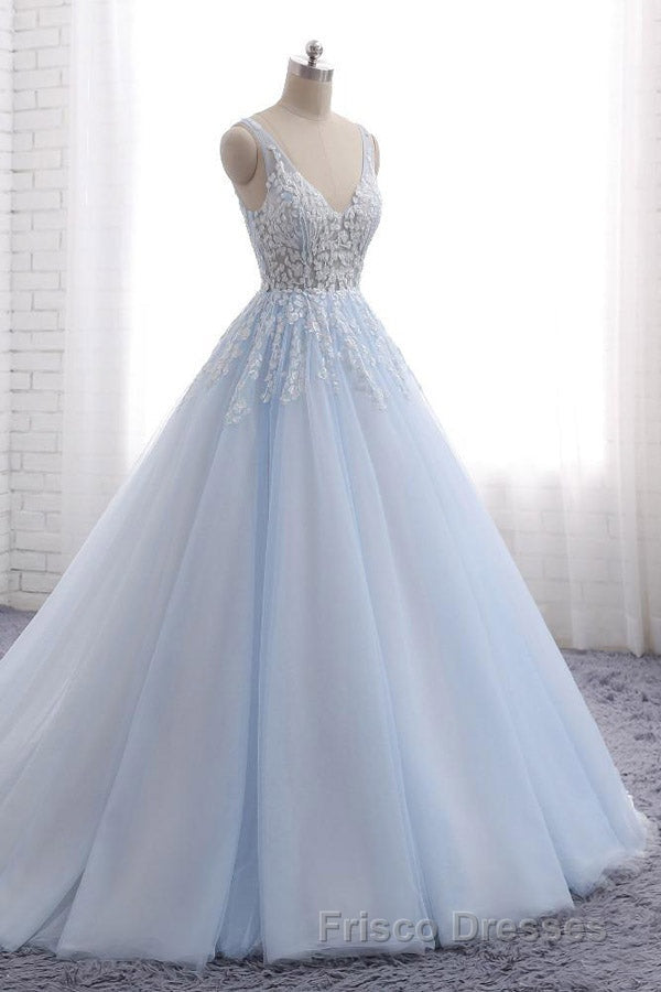 Ball Gown Chapel Train V Neck Sleeveless Backless Appliques Formal Prom Dress
