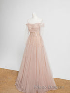 Champagne Pink Tulle Beads Long Formal Prom Dress, Champagne Evening Dress