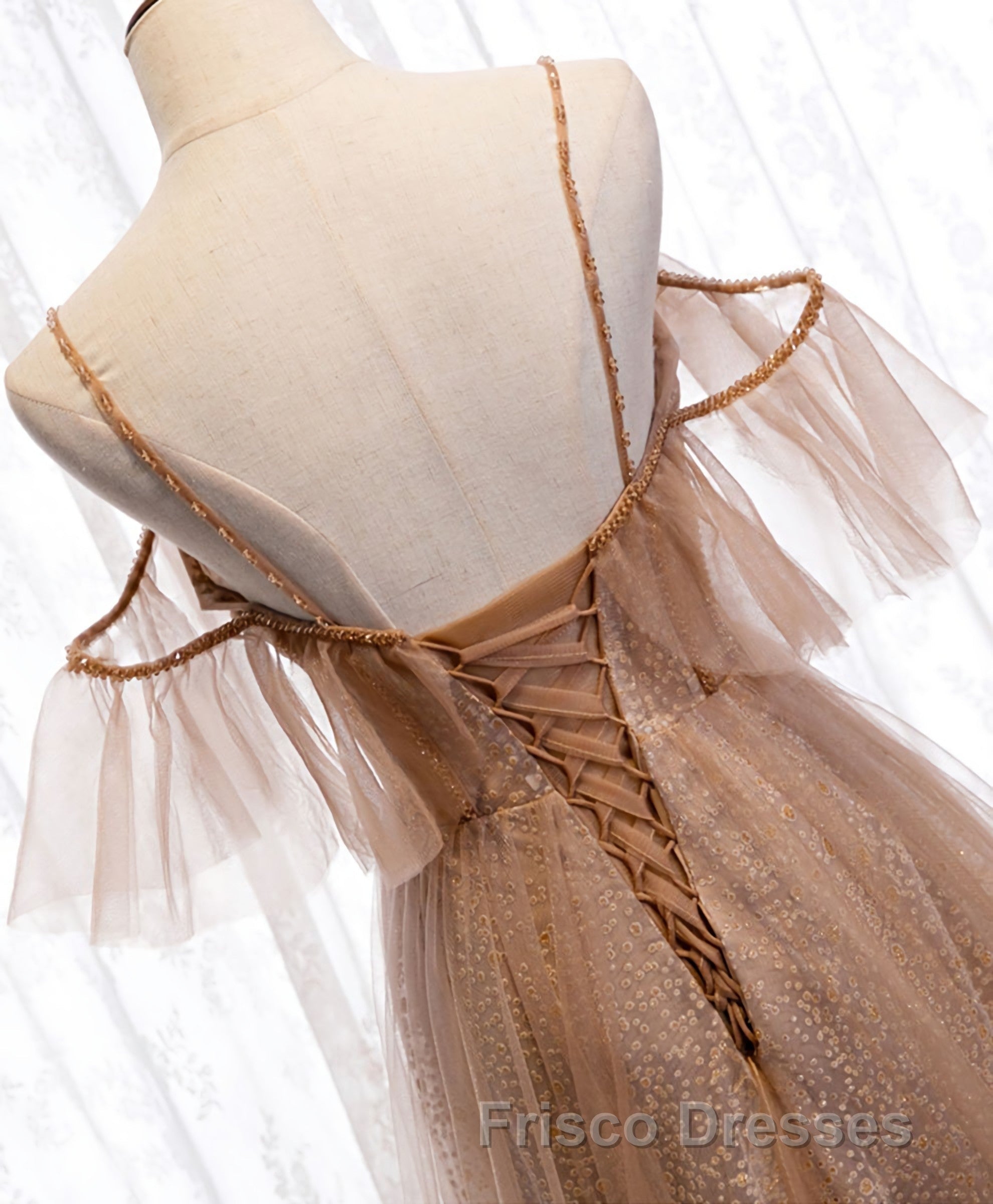 Champagne Tulle Sequin Long Formal Prom Dress, Champagne Evening Dress