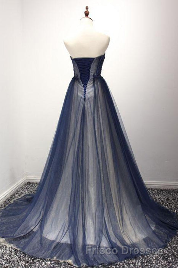 Navy A Line Sweep Train Straight Sleeveless Mid Back Lace Up Formal Prom Dress Secondary image