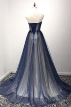 Navy A Line Sweep Train Straight Sleeveless Mid Back Lace Up Formal Prom Dress