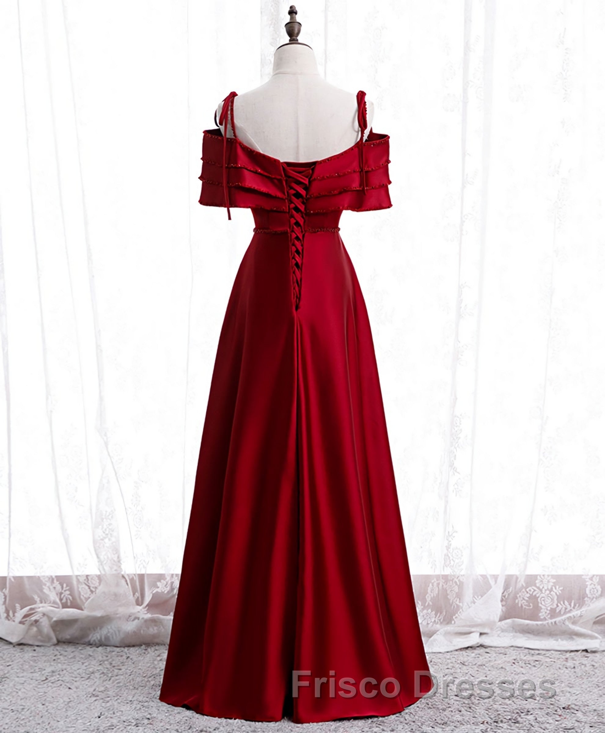 Burgundy Satin Beads Long Formal Prom Dress, Burgundy Evening Dress