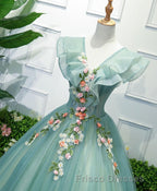 Green V Neck Tulle Long Formal Prom Dress, Green Evening Dress